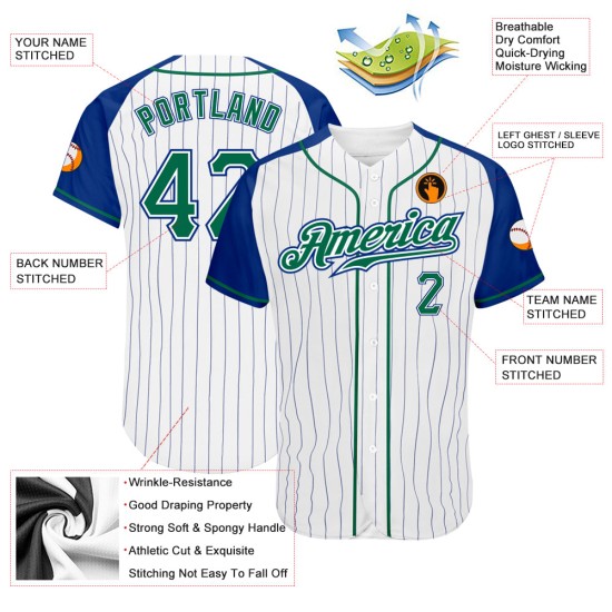 Maillot de baseball Kelly blanc à rayures fines, manches raglan, vert royal, authentique et personnalisé Maillot de baseball Kelly blanc à rayures fines, manches raglan, vert royal, authentique et personnalisé