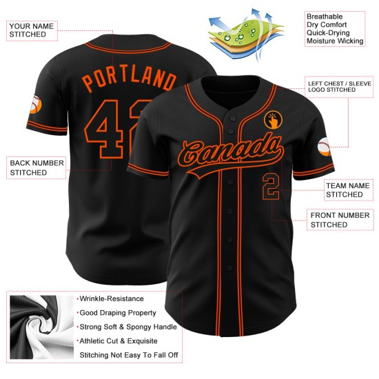 Maillot de baseball authentique noir et orange personnalisé Maillot de baseball authentique noir et orange personnalisé