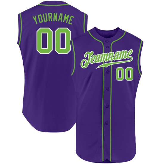 Maillot de baseball fluo sans manches, authentique, violet, vert et blanc, personnalisé Maillot de baseball fluo sans manches, authentique, violet, vert et blanc, personnalisé