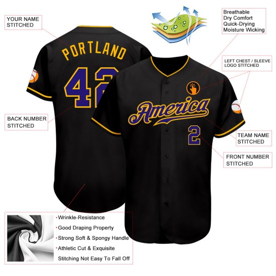 Maillot de baseball violet-or noir foncé authentique personnalisé Maillot de baseball violet-or noir foncé authentique personnalisé