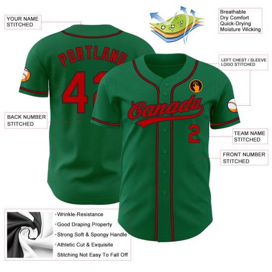 Maillot de baseball personnalisé Kelly rouge-noir authentique vert Maillot de baseball personnalisé Kelly rouge-noir authentique vert