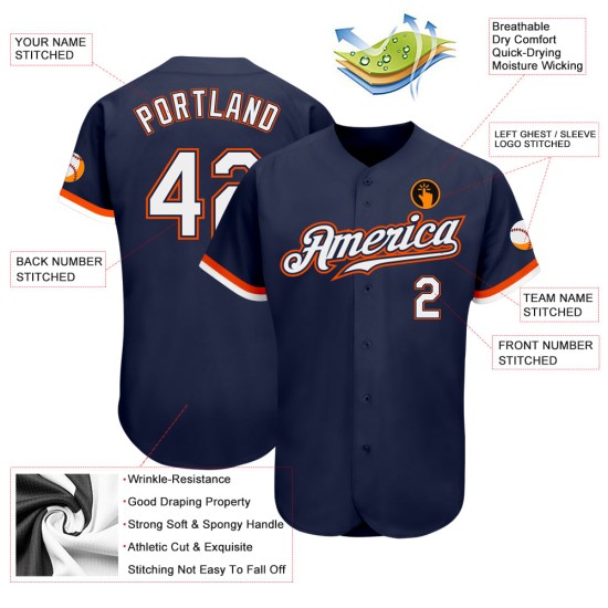 Maillot de baseball authentique personnalisé bleu marine blanc-orange Maillot de baseball authentique personnalisé bleu marine blanc-orange