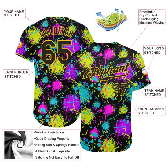 Maillot de baseball authentique personnalisé avec graffitis, motif 3D, éclaboussures noires et dorées Maillot de baseball authentique personnalisé avec graffitis, motif 3D, éclaboussures noires et dorées