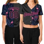 Maillot de baseball court 3D personnalisé noir et rose à col en V Flamingo pour femme Maillot de baseball court 3D personnalisé noir et rose à col en V Flamingo pour femme