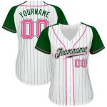 Maillot de baseball personnalisé authentique en jersey raglan à rayures fines vert et blanc, manches roses et vertes Maillot de baseball personnalisé authentique en jersey raglan à rayures fines vert et blanc, manches roses et vertes