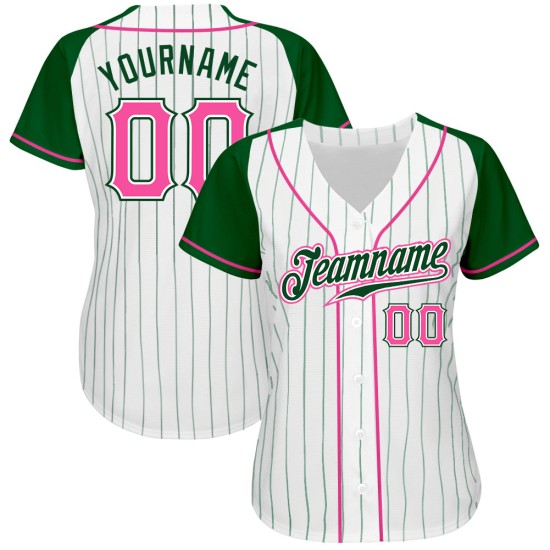 Maillot de baseball personnalisé authentique en jersey raglan à rayures fines vert et blanc, manches roses et vertes Maillot de baseball personnalisé authentique en jersey raglan à rayures fines vert et blanc, manches roses et vertes