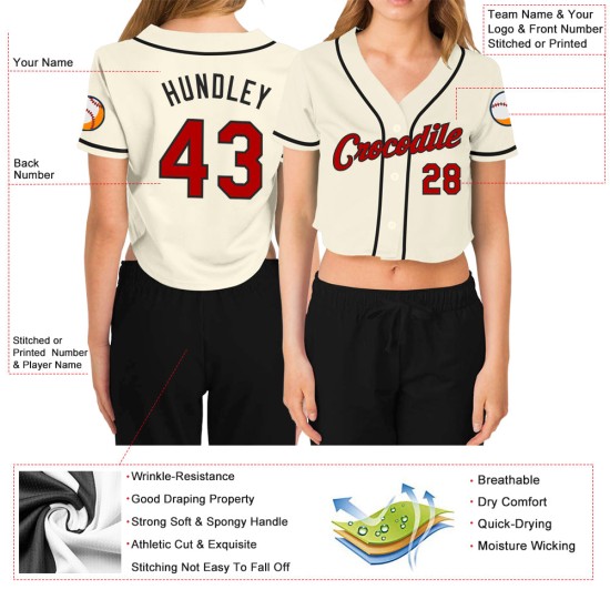 Maillot de baseball court à col en V rouge et noir, crème, personnalisé, pour femme Maillot de baseball court à col en V rouge et noir, crème, personnalisé, pour femme