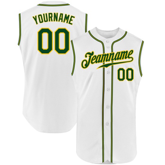 Maillot de baseball blanc personnalisé vert-doré sans manches authentique Maillot de baseball blanc personnalisé vert-doré sans manches authentique