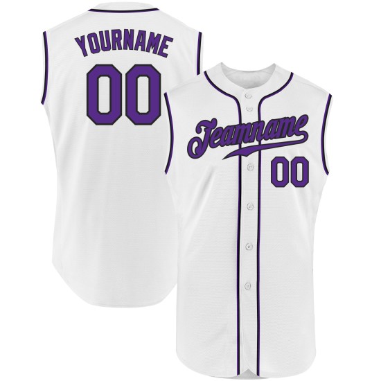 Maillot de baseball blanc authentique sans manches violet-noir personnalisé Maillot de baseball blanc authentique sans manches violet-noir personnalisé