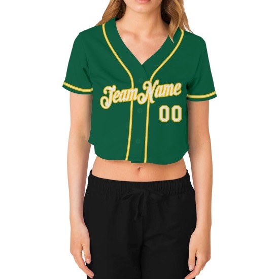 Maillot de baseball court à col en V pour femme, vert, blanc et or, personnalisé Maillot de baseball court à col en V pour femme, vert, blanc et or, personnalisé