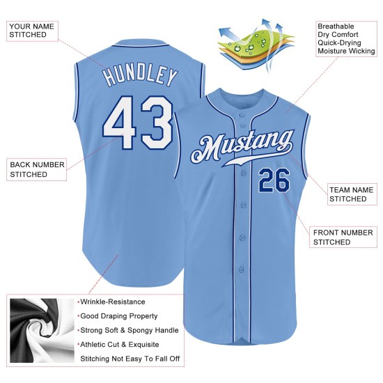 Maillot de baseball léger sans manches blanc-bleu roi authentique personnalisé Maillot de baseball léger sans manches blanc-bleu roi authentique personnalisé