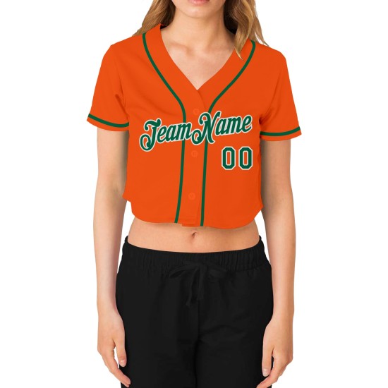 Maillot de baseball court vert-blanc personnalisé à col en V pour femme, orange Kelly Maillot de baseball court vert-blanc personnalisé à col en V pour femme, orange Kelly