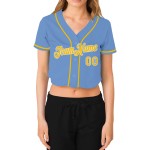 Maillot de baseball court bleu clair personnalisé à col en V pour femme, couleur or et blanc Maillot de baseball court bleu clair personnalisé à col en V pour femme, couleur or et blanc