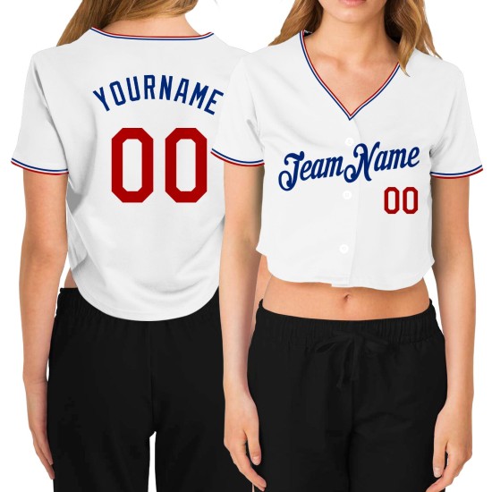 Maillot de baseball femme personnalisé blanc rouge-bleu royal court col en V Maillot de baseball femme personnalisé blanc rouge-bleu royal court col en V