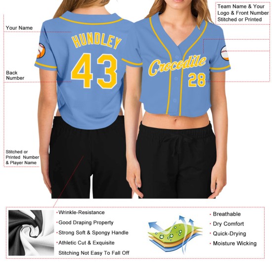 Maillot de baseball court bleu clair personnalisé à col en V pour femme, couleur or et blanc Maillot de baseball court bleu clair personnalisé à col en V pour femme, couleur or et blanc