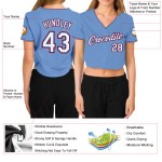 Maillot de baseball court bleu clair personnalisé pour femme, col en V, rouge royal, blanc Maillot de baseball court bleu clair personnalisé pour femme, col en V, rouge royal, blanc