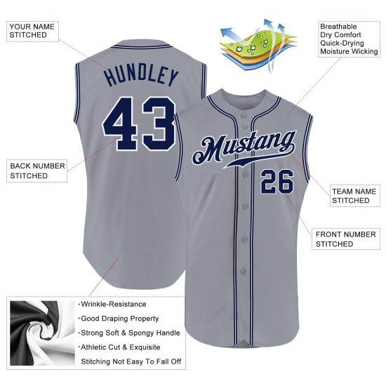 Maillot de baseball gris, bleu marine et blanc, personnalisé, authentique, sans manches Maillot de baseball gris, bleu marine et blanc, personnalisé, authentique, sans manches