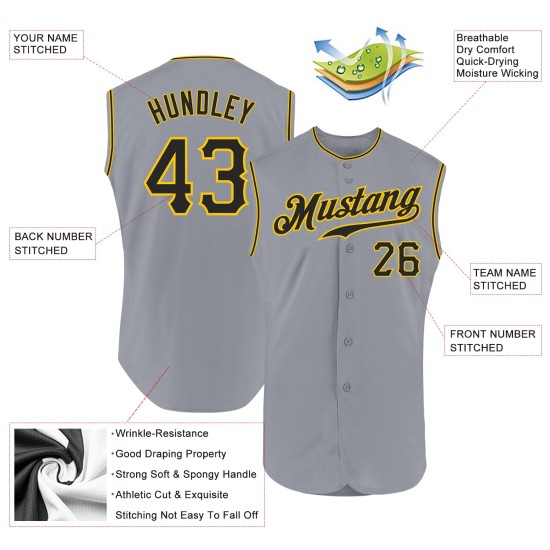 Maillot de baseball personnalisé authentique sans manches noir-doré-gris Maillot de baseball personnalisé authentique sans manches noir-doré-gris