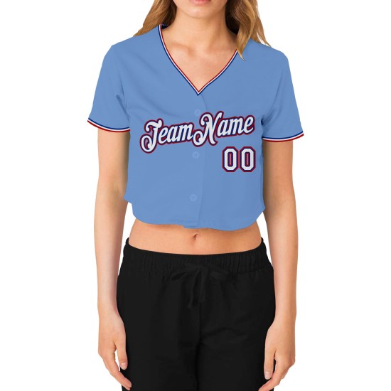 Maillot de baseball court bleu clair personnalisé pour femme, col en V, rouge royal, blanc Maillot de baseball court bleu clair personnalisé pour femme, col en V, rouge royal, blanc