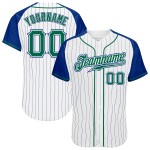 Maillot de baseball Kelly blanc à rayures fines, manches raglan, vert royal, authentique et personnalisé Maillot de baseball Kelly blanc à rayures fines, manches raglan, vert royal, authentique et personnalisé