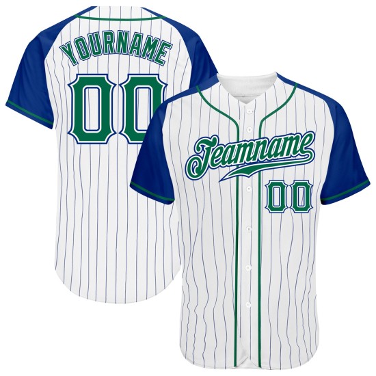 Maillot de baseball Kelly blanc à rayures fines, manches raglan, vert royal, authentique et personnalisé Maillot de baseball Kelly blanc à rayures fines, manches raglan, vert royal, authentique et personnalisé