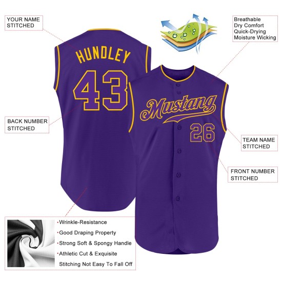 Maillot de baseball sans manches violet-or personnalisé violet authentique Maillot de baseball sans manches violet-or personnalisé violet authentique