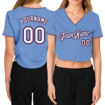 Maillot de baseball court bleu clair personnalisé pour femme, col en V, rouge royal, blanc Maillot de baseball court bleu clair personnalisé pour femme, col en V, rouge royal, blanc