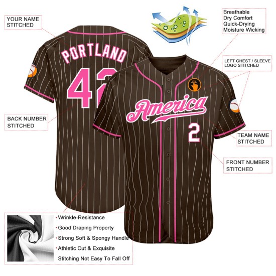 Maillot de baseball personnalisé rose-blanc marron à fines rayures blanc authentique Maillot de baseball personnalisé rose-blanc marron à fines rayures blanc authentique
