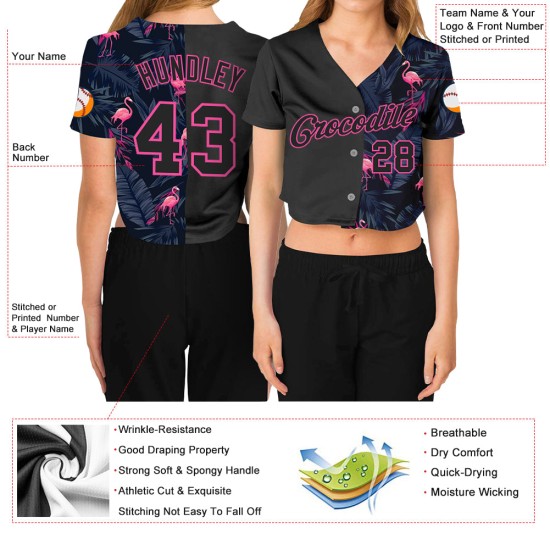 Maillot de baseball court 3D personnalisé noir et rose à col en V Flamingo pour femme Maillot de baseball court 3D personnalisé noir et rose à col en V Flamingo pour femme