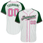 Maillot de baseball personnalisé authentique en jersey raglan à rayures fines vert et blanc, manches roses et vertes Maillot de baseball personnalisé authentique en jersey raglan à rayures fines vert et blanc, manches roses et vertes