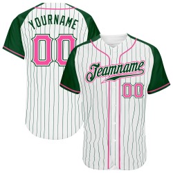 Maillot de baseball personnalisé authentique en jersey raglan à rayures fines vert et blanc, manches roses et vertes