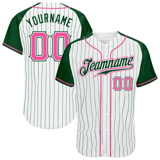 Maillot de baseball personnalisé authentique en jersey raglan à rayures fines vert et blanc, manches roses et vertes Maillot de baseball personnalisé authentique en jersey raglan à rayures fines vert et blanc, manches roses et vertes