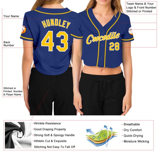 Maillot de baseball court personnalisé à col en V pour femme Royal, couleur or et blanc Maillot de baseball court personnalisé à col en V pour femme Royal, couleur or et blanc