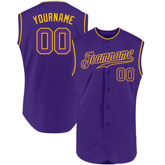Maillot de baseball sans manches violet-or personnalisé violet authentique Maillot de baseball sans manches violet-or personnalisé violet authentique
