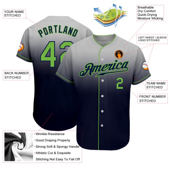 Maillot de baseball gris dégradé fluo personnalisé vert-bleu marine authentique et tendance Maillot de baseball gris dégradé fluo personnalisé vert-bleu marine authentique et tendance
