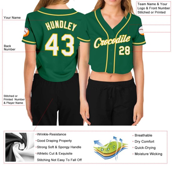 Maillot de baseball court à col en V pour femme, vert, blanc et or, personnalisé Maillot de baseball court à col en V pour femme, vert, blanc et or, personnalisé