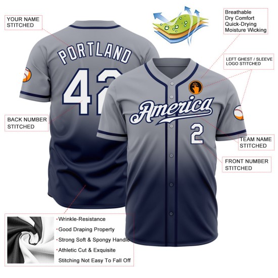 Maillot de baseball gris blanc et bleu marine, authentique, délavé, tendance, personnalisé Maillot de baseball gris blanc et bleu marine, authentique, délavé, tendance, personnalisé