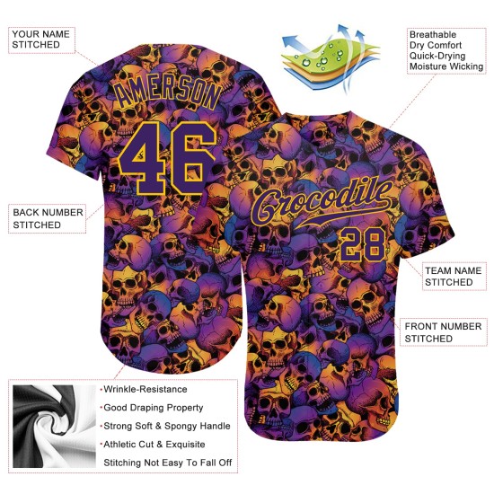 Maillot de baseball 3D personnalisé avec motif de crânes authentiques pour Halloween Maillot de baseball 3D personnalisé avec motif de crânes authentiques pour Halloween