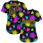 Maillot de baseball authentique personnalisé avec graffitis, motif 3D, éclaboussures noires et dorées Maillot de baseball authentique personnalisé avec graffitis, motif 3D, éclaboussures noires et dorées