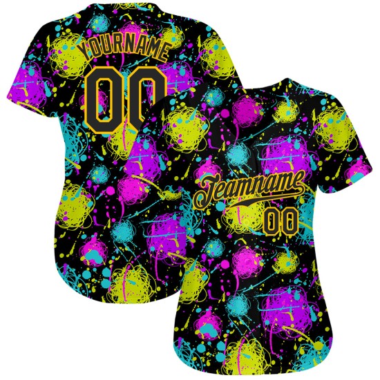 Maillot de baseball authentique personnalisé avec graffitis, motif 3D, éclaboussures noires et dorées Maillot de baseball authentique personnalisé avec graffitis, motif 3D, éclaboussures noires et dorées
