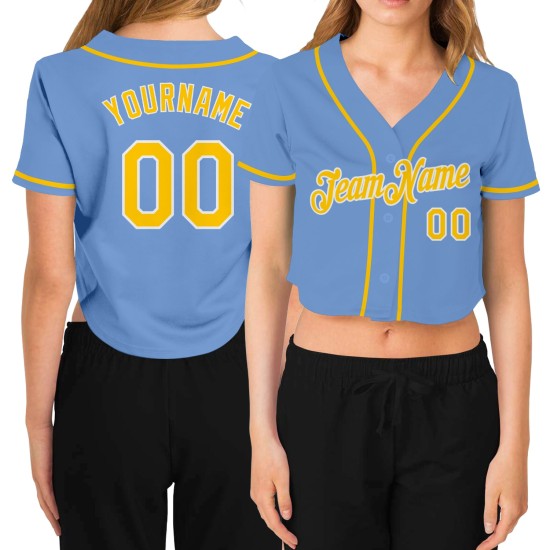 Maillot de baseball court bleu clair personnalisé à col en V pour femme, couleur or et blanc Maillot de baseball court bleu clair personnalisé à col en V pour femme, couleur or et blanc