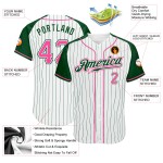 Maillot de baseball personnalisé authentique en jersey raglan à rayures fines vert et blanc, manches roses et vertes Maillot de baseball personnalisé authentique en jersey raglan à rayures fines vert et blanc, manches roses et vertes