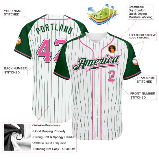 Maillot de baseball personnalisé authentique en jersey raglan à rayures fines vert et blanc, manches roses et vertes Maillot de baseball personnalisé authentique en jersey raglan à rayures fines vert et blanc, manches roses et vertes
