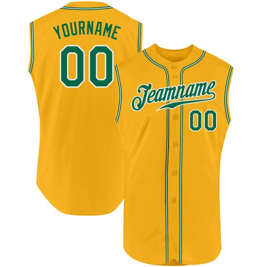 Maillot de baseball authentique sans manches Kelly Gold personnalisé vert-blanc Maillot de baseball authentique sans manches Kelly Gold personnalisé vert-blanc